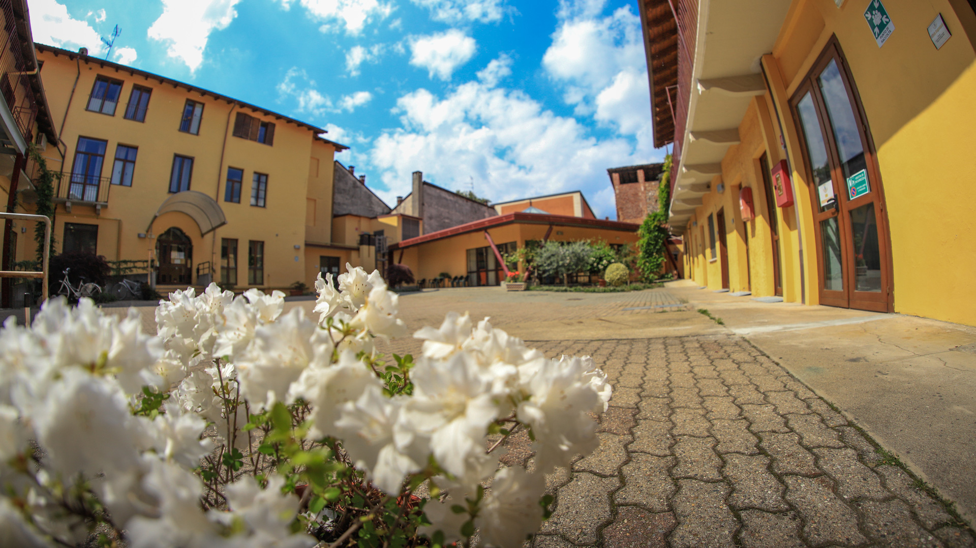 Una veduta del cortile interno fiorito e soleggiato della Fondazione a Gattinara
